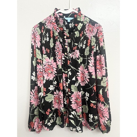 Draper James Black Floral Smocked Boxy Shirt Blouse Plus Size Size 1X XL Light - Picture 3 of 12
